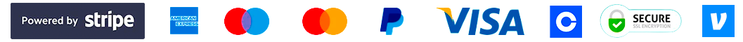 Powered by Stripe. American Express, Mastercard, PayPal, Visa, Chase, Secure SSL encryption, Venmo